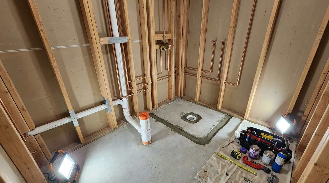 Bathroom rough-in plumbing during remodel by Johns Plumbing LLC in Park River