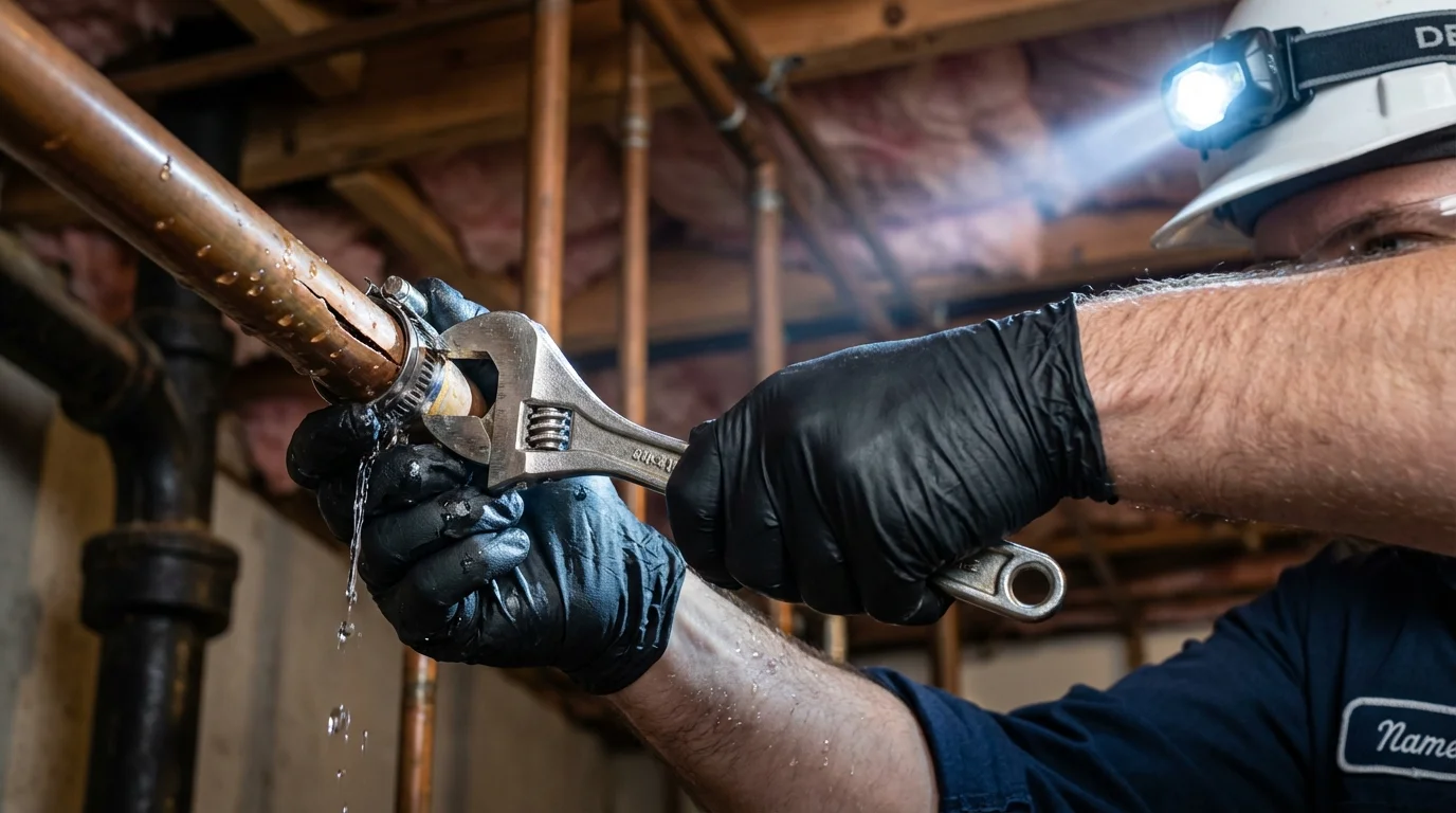 Emergency pipe clamp repair being performed by a Johns Plumbing LLC plumber in Park River