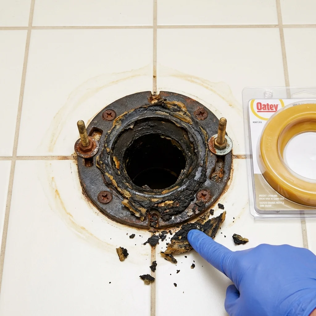 Failed wax ring showing water seepage at the base of a toilet in a Park River, ND home