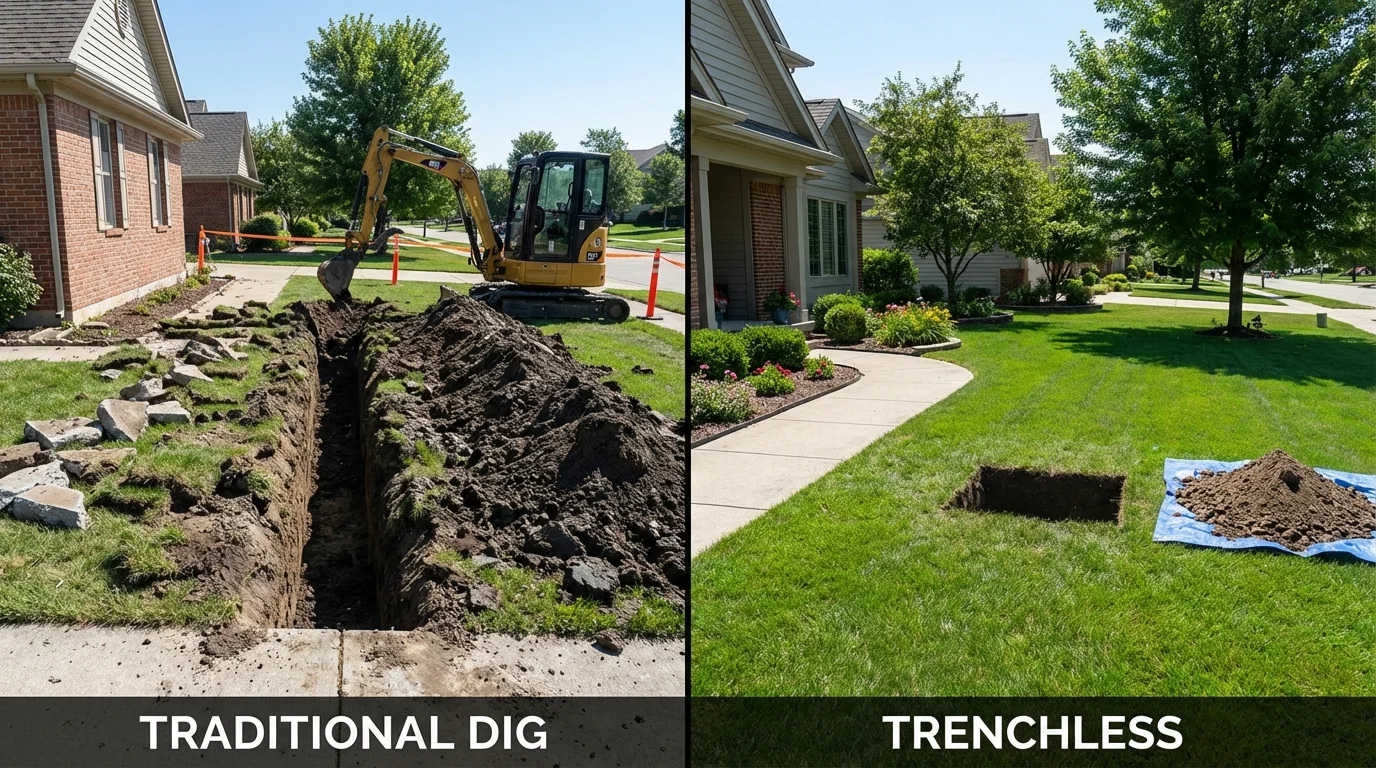 Trenchless sewer repair with minimal yard damage versus traditional excavation in Park River, ND
