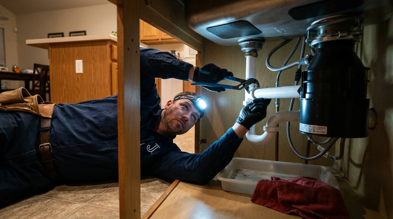 P-trap and supply line connections under a kitchen sink showing a common leak point in Park River, ND